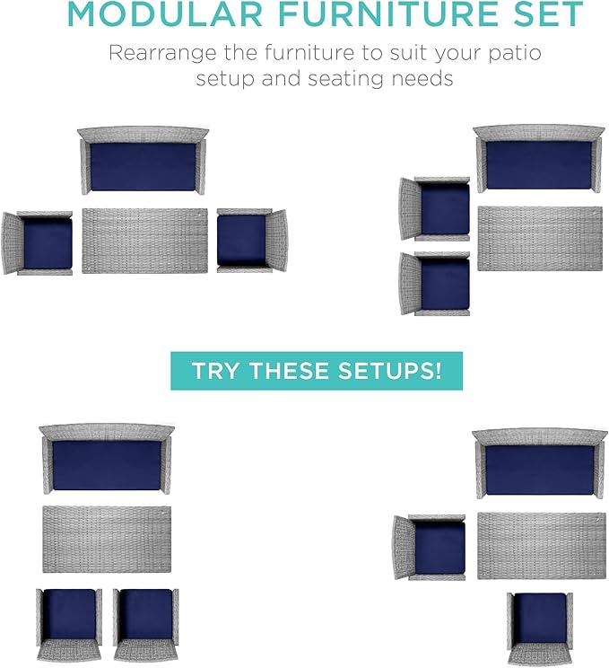 Best Choice Products 4-Piece Outdoor Wicker Patio Conversation Furniture Set for Backyard w/Coffee Table, Seat Cushions - Gray/Navy
