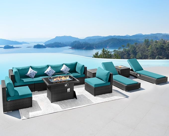 NICESOUL 11-Piece Patio Furniture with Chaise Lounge, Modern Wicker Outdoor Sectional with Fire Pit, Comfortable 29.3'' High-Back Conversation Seating, Heavy Duty All-Weather Couch Set, Grey & Teal