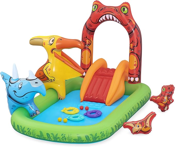H2OGO! Jurassic Splash Inflatable Water Play Center, 7'11" x 55" x 54" Kids Outdoor Activity Center with Water Archway Slide, Games, & Splash Pool