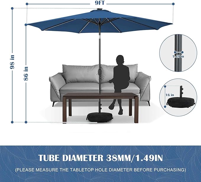Sundale Outdoor Solar 80 LED 9 ft Patio Umbrella with Sand Bag Umbrella Base, Outdoor Umbrella with Tilt and Crank, Navy