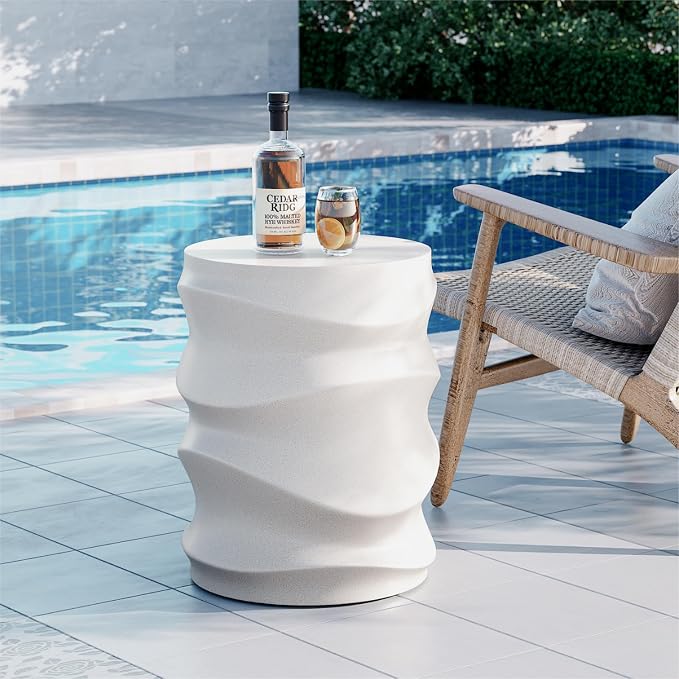 SUNBURY Outdoor Side Tables Set of 2, 18" H Concrete Accent End Table Streamlined, Small Round Cement Plant Stands Table, Decorative Garden Stools for Backyard, Spotted White