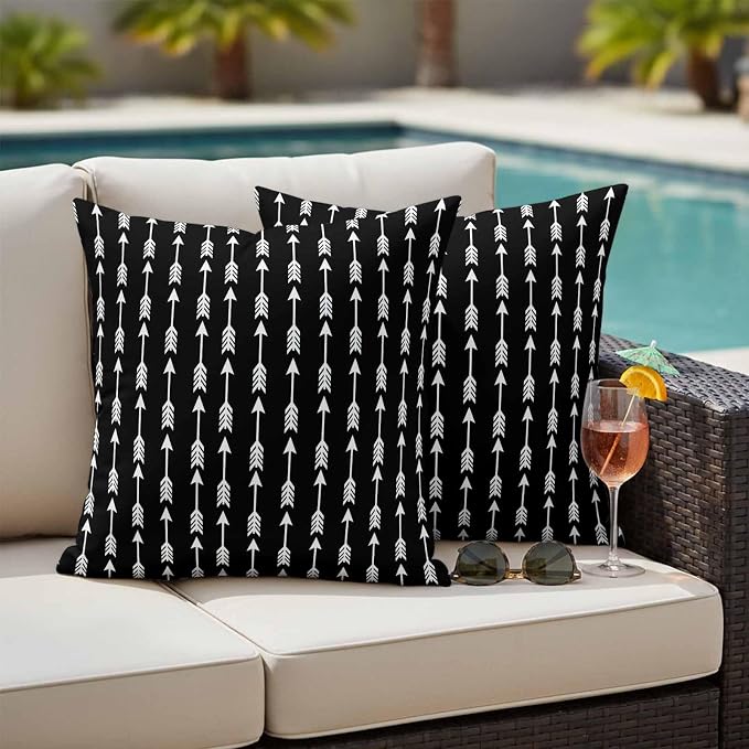 Arrow Outdoor Pillow Covers 24"x24" Set of 2, Abstract Rustic Western Tribal Geometric Arrow Black Waterproof Throw Pillow Covers for Patio Furniture, Decorative Cushion Covers for Porch