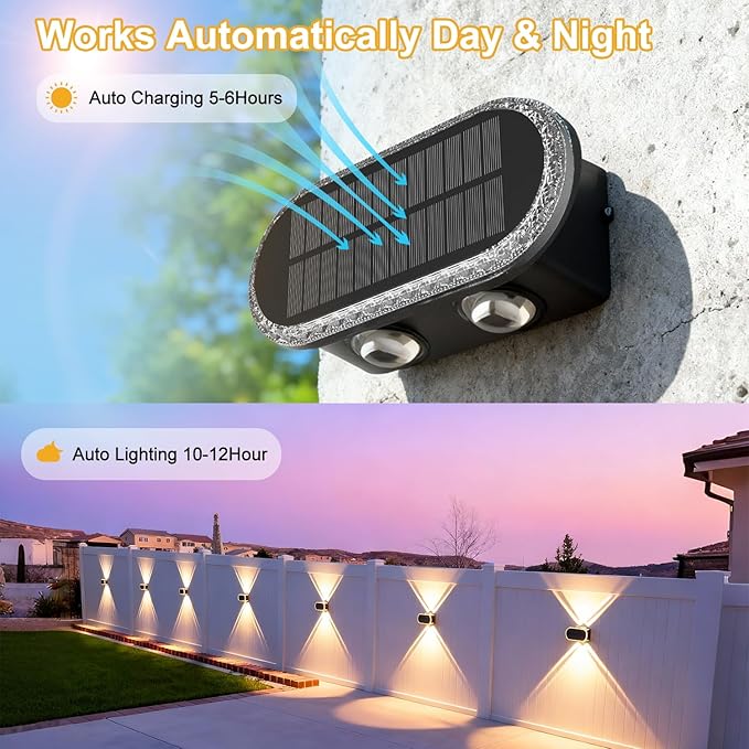 Ellasay Solar Fence Lights Outdoor: Waterproof IP65 with Dual LED Up Down Wall Lighting 3 Color Modes Diamond Crystal Cut Design Easy to Install for Garden Backyard Patio 10 Pack