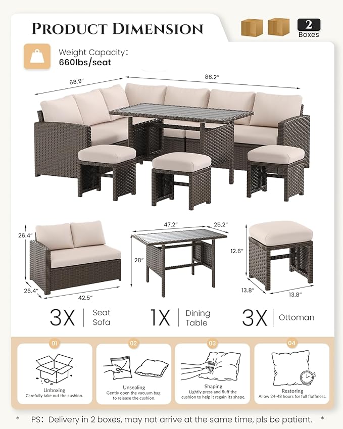 U-MAX 7 Pieces Patio Furniture Set, Outdoor Sectional Sofa Conversation Set, All Weather Wicker Rattan Dining Table & Chair with Ottoman, Brown Rattan&Khaki Cushion