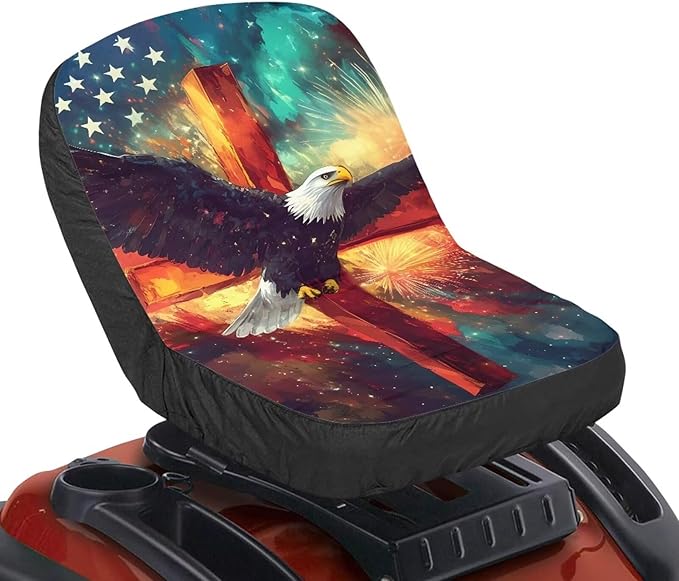 American Flag Eagle Cross Lawn Mower Seat Cover Tractor Seat Cushion Without Armrest for Agricultural and Industrial Vehicle, Non-Slip