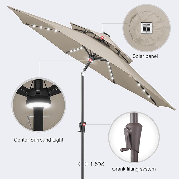 Jarka&Co 9ft Solar Patio Umbrella - 2 Tiers Solar Outdoor Umbrella with 40 LED Lights Waterprool UV Protection, Market Table Umbrella with Tilt for Backyard, Garden, Pool, Porch (Taupe)