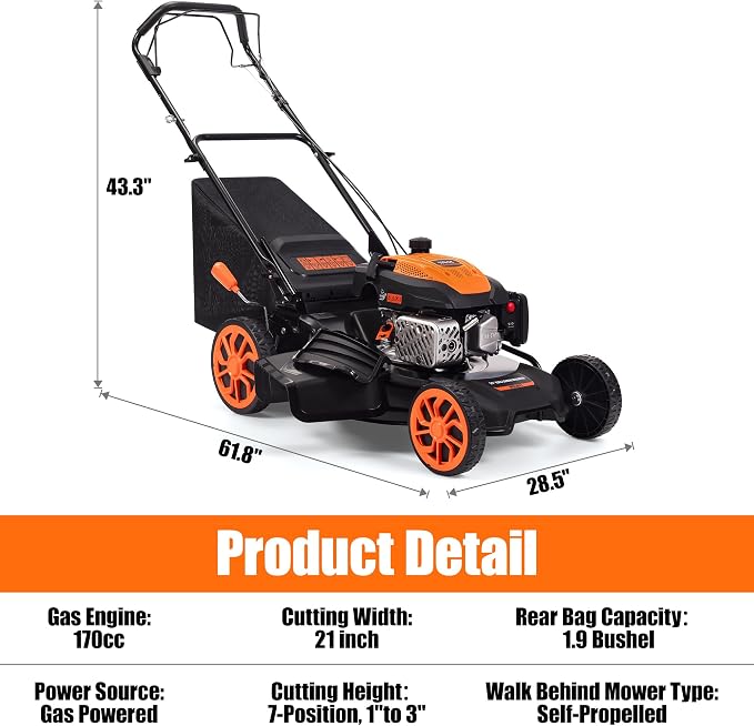 21-Inch Self-Propelled Gas Lawn Mower, 170CC 4-Stroke Engine, 7-Position Height Adjustment, 3-in-1 Mulching, Bagging & Side Discharge, 1.9-Bushel Grass Collector, EPA Compliant