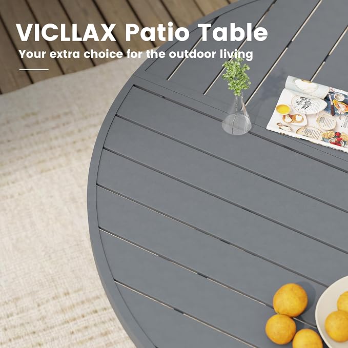 VICLLAX 40.6" Round Outdoor Table, Patio Dining Table for 4 with Umbrella Hole for Garden Lawn Deck Backyard, Dark Grey