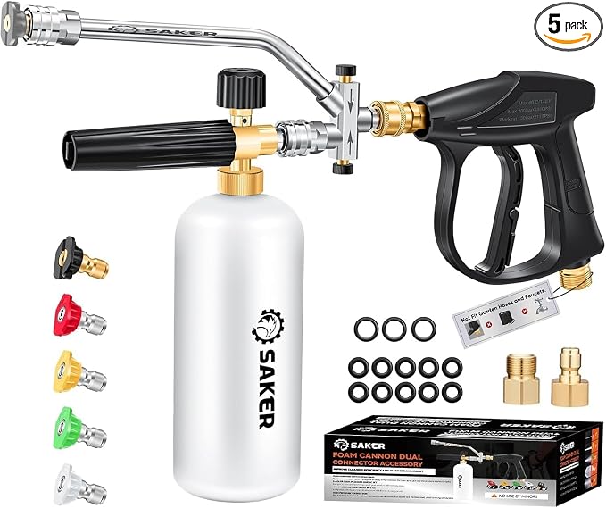 Saker Foam Cannon Dual Connector Accessory for Pressure Washer Kit,with Foam Cannon Dual Connector,Pressure Washer Gun for Car Washing and Cleaning,5 Power Washer Sprayer Nozzles