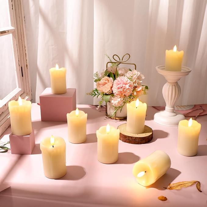 YOROXRG 9 Pack Flameless Votive Candles with Timer Remote,2" x 3" Real Wax, Realistic Black Wick Battery Operated Pillar Candles for Wedding, Party and Holiday Decoration