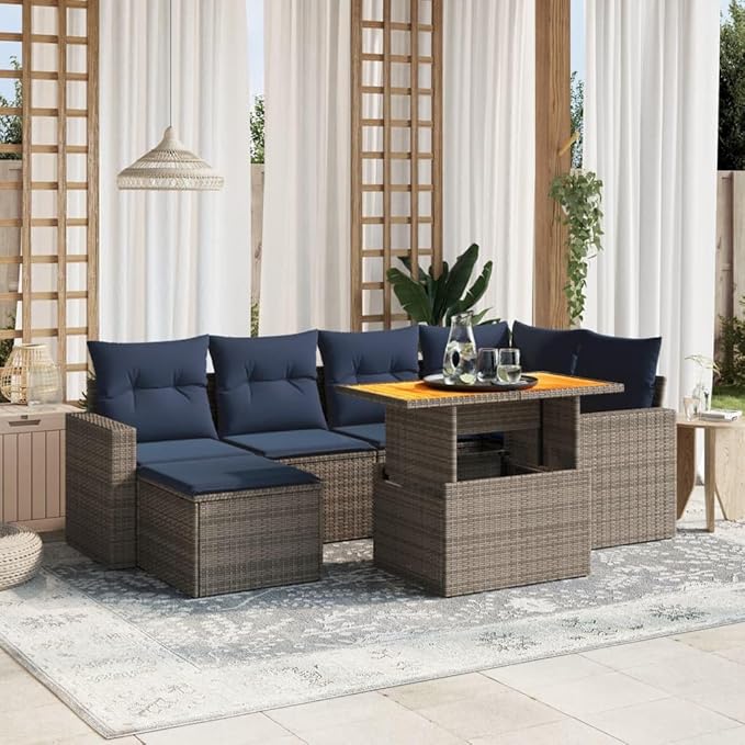 vidaXL Patio Sofa Set with Cushions 7 Piece, Outdoor Conversation Set, Sectional Sofa for Balcony Garden, Modern Style, Gray Poly Rattan