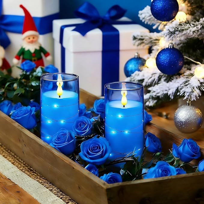 Homemory Flameless Candles with Embedded Star String Fairy Lights, Battery Operated Candles, LED Candle, Fake Candles with Remote Control and Timer, Blue, Set of 2(H 6" 6")