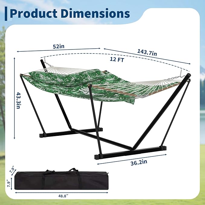 Double Hammock with Stand for Outdoor Use – 2-Person Portable Hammock with Curved Spreader Bar & Balance Ropes, Heavy Duty 450 LBS Capacity for Backyard, Patio & Camping, Green