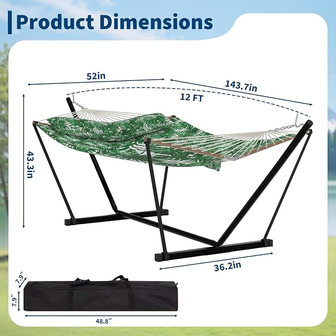 2 Person Outdoor Hammock with Stand, 450 LBS Heavy Duty Anti-Tipping Frame with Balance Rope, Rainproof & Quick Dry for Patio, Backyard, Balcony & Outdoor Garden Use, Green Banana Leaf Color