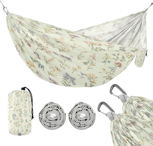 Watercolor Wildflower Pattern Camping Hammock, Portable Lightweight Single Hammock with Tree Straps and Aluminum Carabiners, 114" x 54" Travel Hammock for Hiking Backpacking Beach