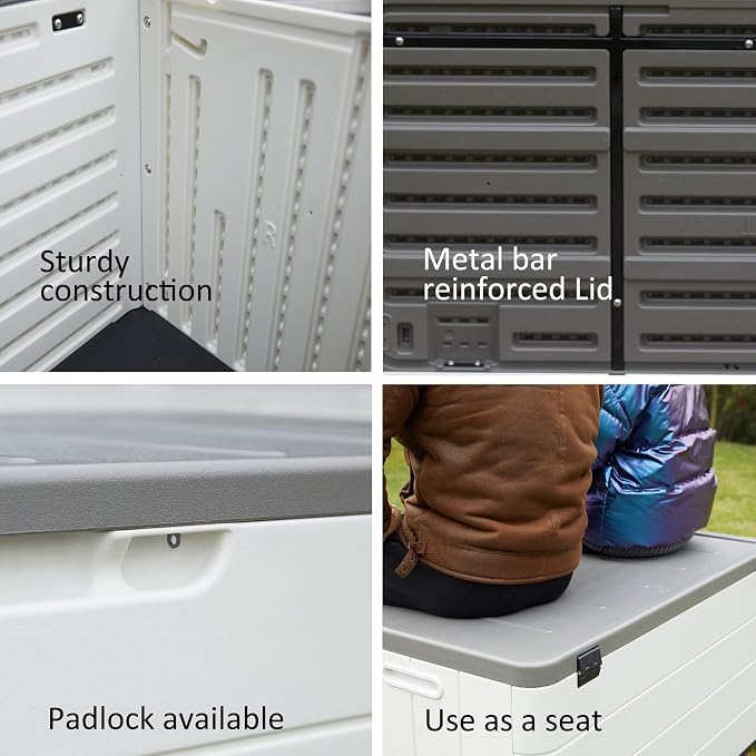 Mrosaa 110 Gallon Deck Box Waterproof with Wheels - Mobile Double-Wall Resin Outdoor Storage Box for Patio, Pool, & Garden - Lockable Deck Storage for Cushions, Pool Floats, Boat Slip (Off-White)