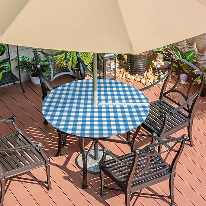 Fitted Round Tablecloth with Umbrella Hole and Zipper Buffalo Plaid Outdoor Elastic Table Cloth 45"-56" Oil-Proof Waterproof Patio Table Cover for Dining Picnic Party, Blue and White