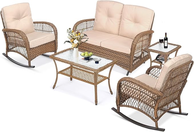 MEETWARM 5-Piece Outdoor Wicker Patio Conversation Set With Glider Loveseat, 2 Chairs, 2 Glass-Top Coffee Tables, Thickened Cushions - Beige