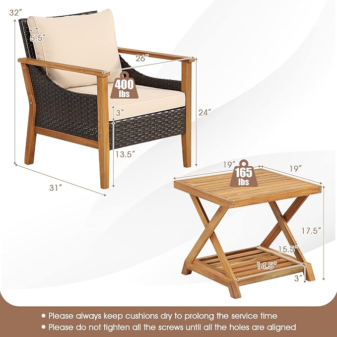Tangkula 3 Pieces PE Wicker Patio Bistro Set, Outdoor Acacia Wood Conversation Set with Cushions and 2-Tier Coffee Table, Outdoor Patio Porch Furniture Set (Natural)