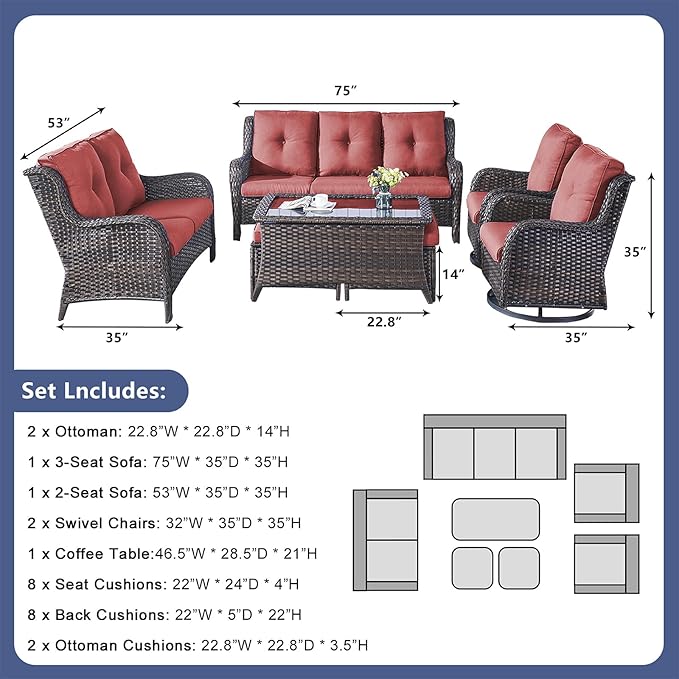 Rilyson Wicker Patio Furniture Set - 7 Piece Rattan Outdoor Sectional Conversation Sets with 2 Rocking Swivel Chairs,2 Ottomans,1 Sofa,1 Loveseat and 1 Coffee Table for Porch Deck Garden(Brown/Red)