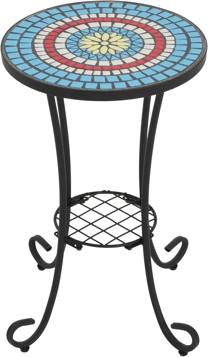 Patio Side Table, Round Ceramic Top, Blue Floral