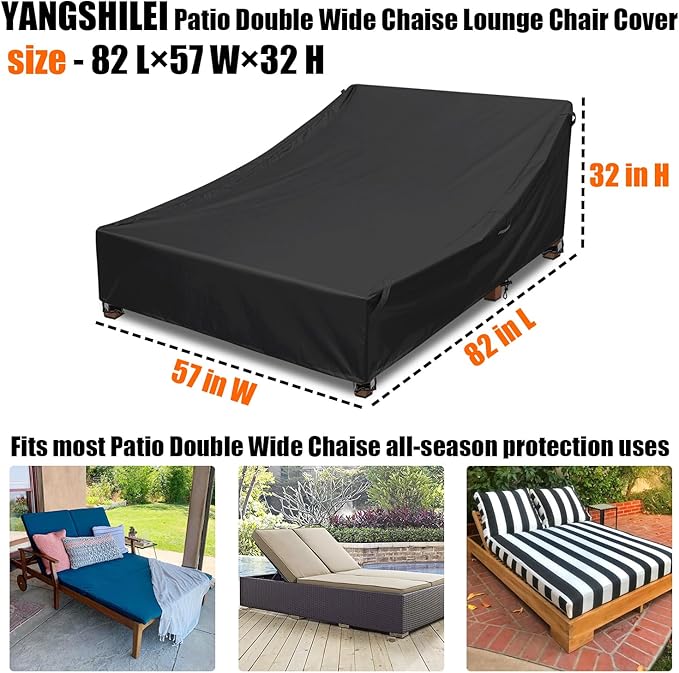 Double Lounge Chair Cover 100% Waterproof Outdoor Chaise Lounge Cover 600D Weather Resistant Material, UV Protection, Windproof Design Double Wide Patio Lounge Chairs Covers (Black)