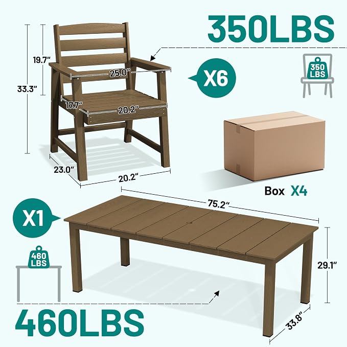 PLUUV 7-Piece Outdoor Patio Dining Set, All-Weather HDPE Dining Furniture Set with Umbrella Hole Cut-Out Table, Aluminum Table Legs, and 6 Chairs, Waterproof & Easy Clean for Backyard, Garden, Brown