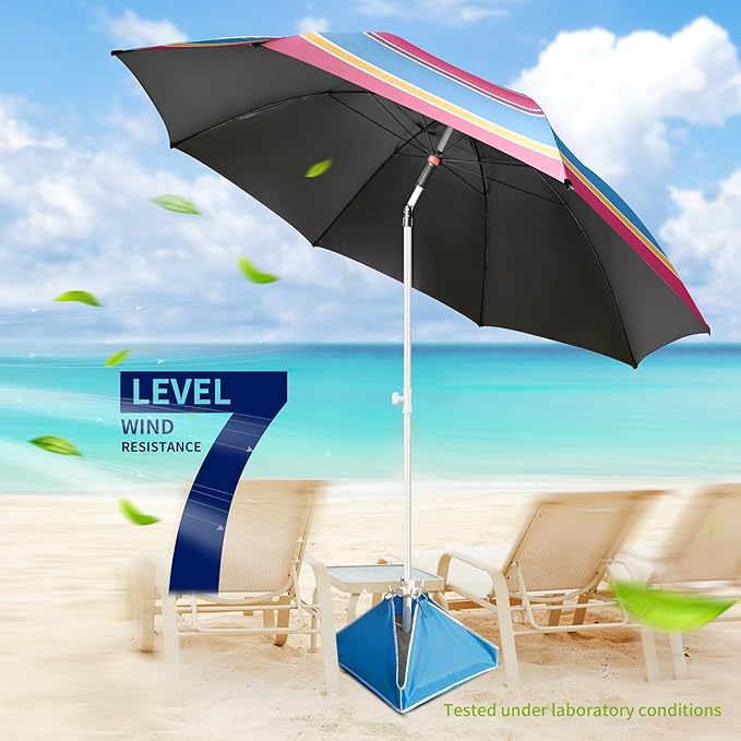 Fisqueen 8FT Large Beach Umbrella with Level 7 Wind Resistance, Sand Anchor, Portable Outdoor Umbrella with UPF50+ UV Protection, Tilt Sun Shelter for Beach, Patio, Yard