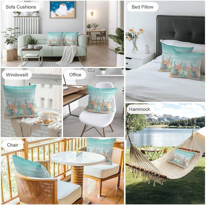 Throw Pillow Covers 18x18 Inch Set of 2, Coastal Beach Waterproof Outdoor Pillow Covers, Ocean Wave Summer Sea Starfish Coral Teal Beige Decorative Cushion Pillowcases for Couch, Sofa, Bed, Patio