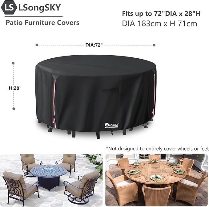 Round Patio Furniture Covers,600D Heavy Duty Waterproof Outdoor Furniture Cover for Round Dining Table with Rocking Swivel Chairs Set,72" Dia x 28" H Black