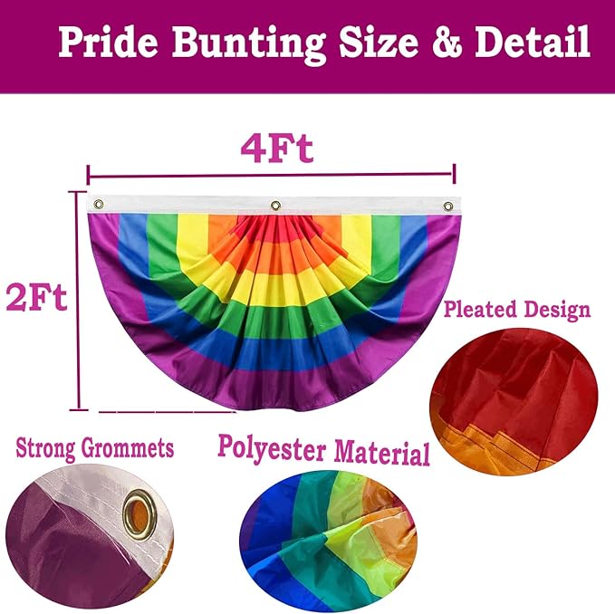 4Pack Pride Bunting Rainbow Flags 2x4Ft Pleated Fan Half Flag Pride Month Decor Bunting Flags Gay Lesbian Bisexual Transgender LGBT Parade Community Bunting Banner for Outside Home Garden Décor