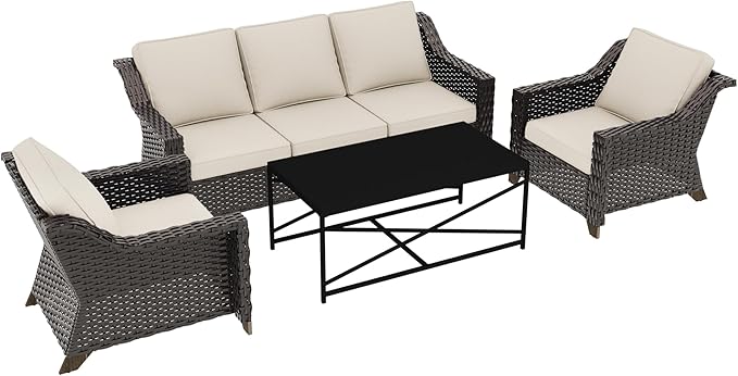 4 Pieces Outdoor Conversation Furniture Set - 77" Patio Sofa, 2 Wicker Armchairs, 1 Metal Coffee Table, Patio Wicker Furniture Set with Water-Resistant Cushions for Sunroom (Beige)