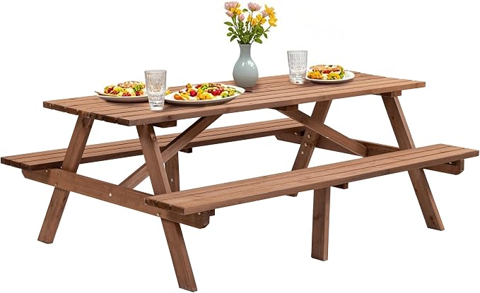 Outdoor Wooden Picnic Table with Benches and Umbrella Hole, Rustic Style Wood Picnic Table Bench Set for 6 or 8 Person for Backyard, Porch, Patio, and Deck, Brown