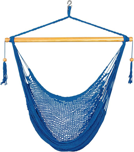 Bliss Hammocks BHC-412BLU Island Rope Hammock Chair, Eco Friendly & Hand-Woven Cotton, Varnish Coated 40 Inch Wood Spreader, Easy to Hang w/Included Hanging Kit, Supports up to 265LBS, Blue Rope