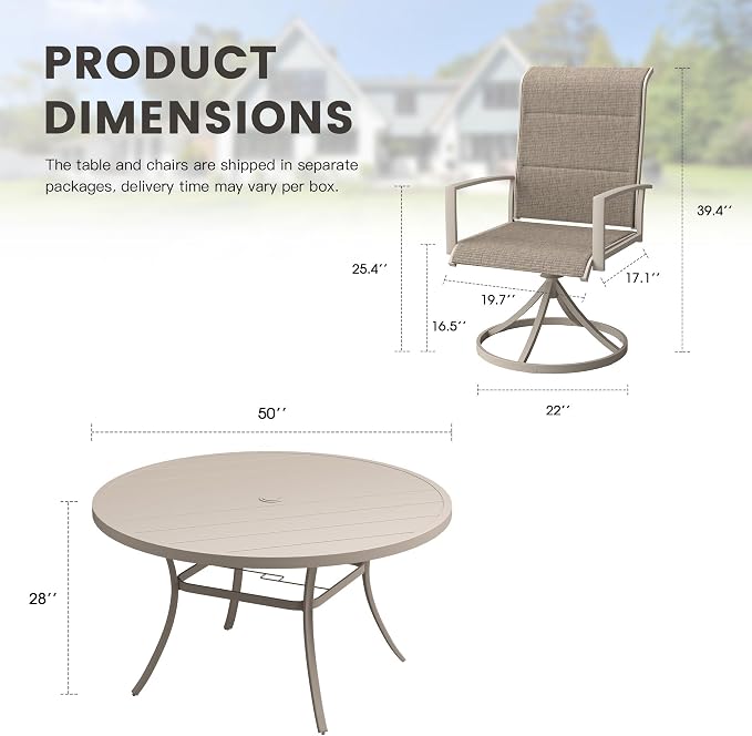 Outdoor Dining Set for 6, 50" Outdoor Dining Table with Umbrella Hole and Padded Textilene Patio Swivel Chairs, 7 Pieces Patio Table and Chairs Set for Garden Backyard, Sandshell