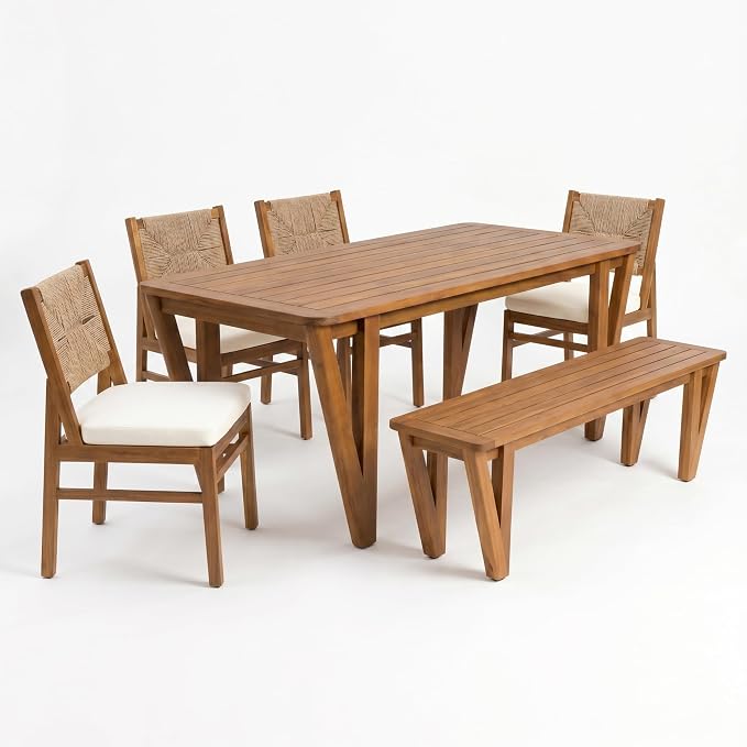 Christopher Knight Home Alan Acacia Wood Patio Dining Set with Bench, Solid Wood Outdoor Dining Table Set for 6, Outdoor Dining Set with Water-Resistant Cushion, Teak+Cream+Light Brown