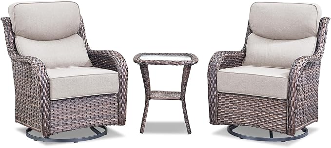Luxury Outdoor Swivel Rocker Patio Chairs-3 Piece Wicker Patio Rocking Chairs Set of 2 with Glass Side Table 6" Thick Cushions High Back Outdoor Furniture Sets for Deck Porch Balcony(Brown/Beige)