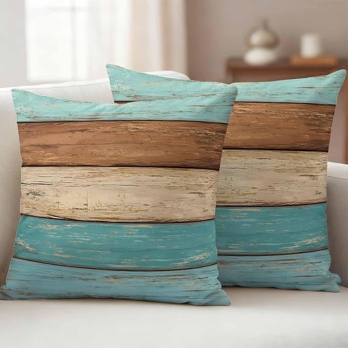 Farmhouse Aqua Brown Outdoor Waterproof Pillow Covers, Vintage Wooden Striped Decorative Square Throw Pillowcase Sofa Cushion Sham for Patio/Couch/Chair, 26"x26" 2 Pack
