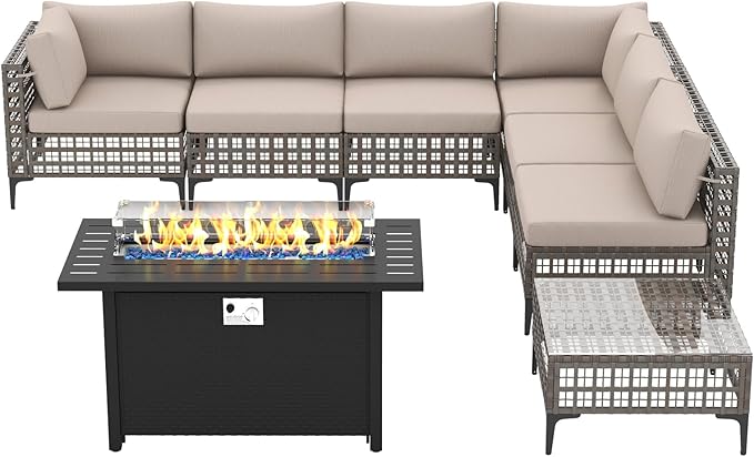 Patiorama 8 Piece Wicker Patio Furniture Set with 45” Fire Pit Table, Metal-Colored PE Rattan Outdoor Sectional Sofa, 50000 BTU Propane Fire Pit w/Wind Guard,Cover,Water Resistant Cushion-Sand Beige