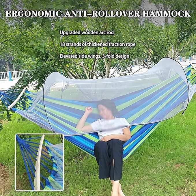 Outdoor Double Hammock with Protective Mesh, Camping Thick Canvas Hanging Bed, Storage Bag/tie Rope, Load Bearing 300kg/661.4lbs(Blue Stripes)