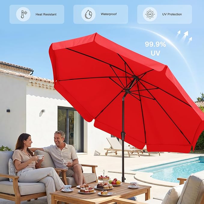 ABCCANOPY 10ft Scalloped Patio Umbrella, Outdoor Table Umbrella with Tilt and Crank, Fiberglass Ribs Deck Umbrella for Patio, Pool, Garden, Picnic (Red)