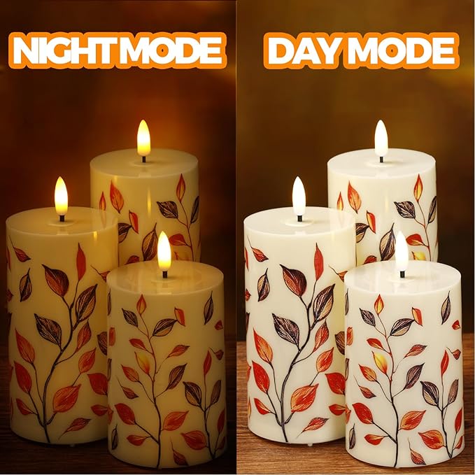 Tuanse 3 Pcs Thanksgiving Fall Flameless Candles Maple Leaf LED Candle Lights Battery Operated Candles Mixed Size Flickering LED Light for Fall Thanksgiving Halloween Harvest(Red Maple Leaf)