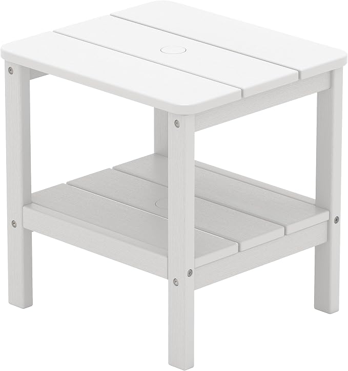 SERWALL Double Layer Adirondack Side Table with Umbrella Hole, HIPS Outdoor Side Table Rectangular End Tables for Patio, Poolside, Garden, White