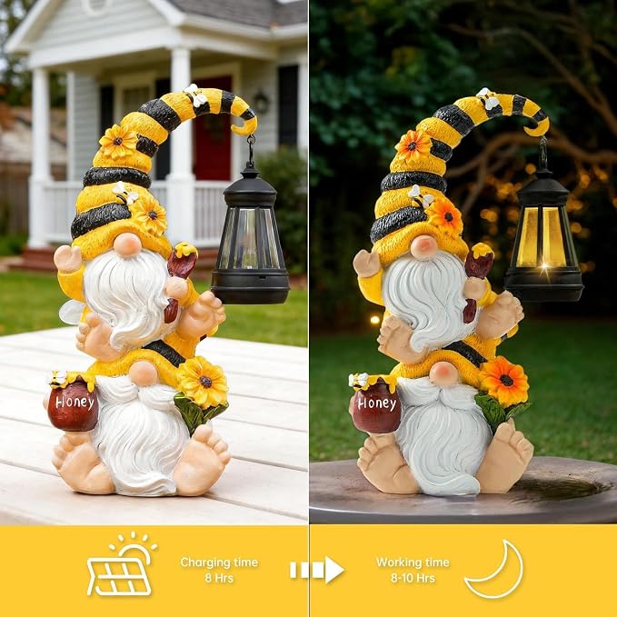 Solar Bee Garden Gnomes with LED Lantern, 12.2-Inch Outdoor Statue | Weather-resistant resin decor for yard, patio, lawn, porch, balcony; gift for women, moms, grandmas, bee and gnome lovers