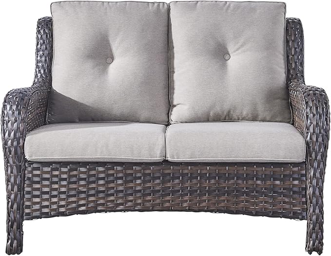 Rilyson Outdoor Loveseat Wicker Patio Sofa - 2-Seat Rattan Outdoor Couch Patio Furniture with Deep Seating and Comfortable Cushions for Outside Porch Deck Balcony(Brown/Grey)