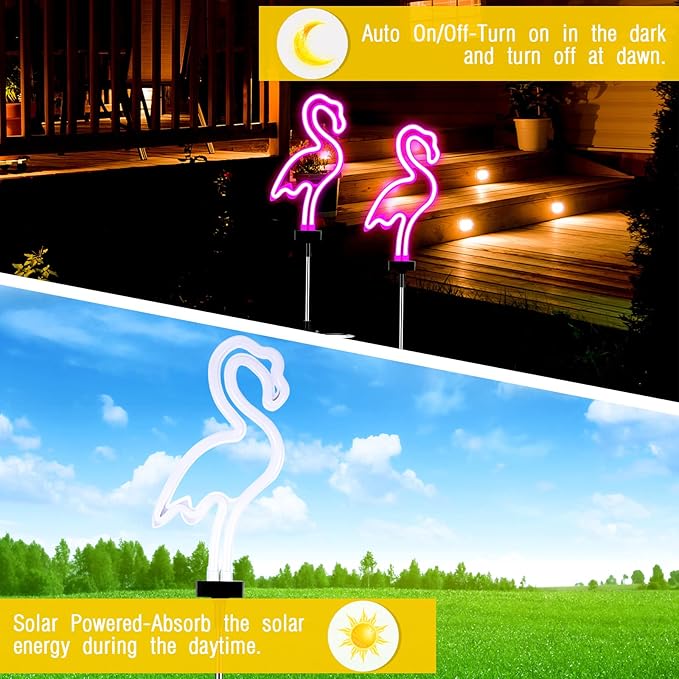 Flamingo Solar Lights Outdoor Neon Light Yard Pink Flamingo Waterproof Decorations for Garden Patio Yard Pathway Decoration(4 Pack)