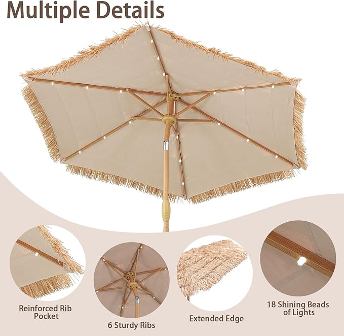 GDY 7.5ft Tiki Patio Umbrella Outdoor Table Umbrella(Optional with Light or Base), Market Umbrella,with Crank for Patio, Garden, Lawn, Deck, Backyard & Pool