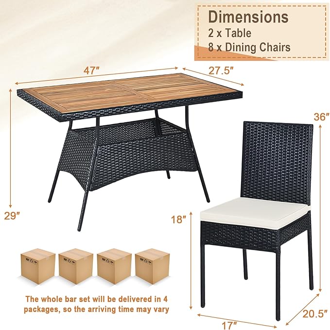 Tangkula 10 Piece Wicker Patio Dining Set, Outdoor Rattan Table & Chairs Set with Padded Cushions, Patio Furniture Dining Acacia Wood Table Set for Balcony Patio Garden Poolside