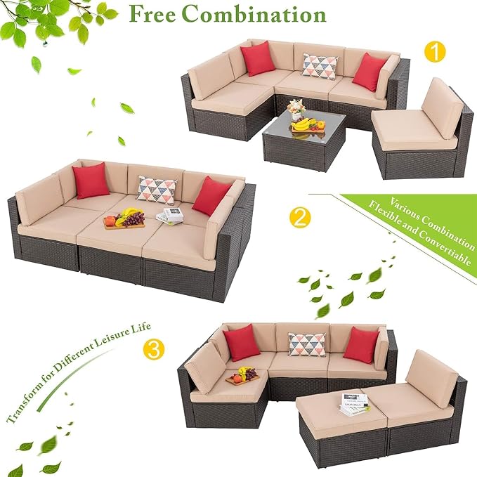 Vongrasig 7 Piece Patio Furniture Set with Gas Fire Pit Table, Outdoor Conversation Sets Wicker Rattan Sectional Sofa with Coffee Table, 43” Propane Gas Firepit Table with Lid, Beige
