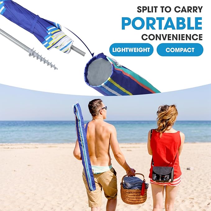 wikiwiki 7ft Beach Umbrella with Sand Anchor & Tilt, UPF 50+ Protection Beach Umbrellas for Sand, with Carry Bag and Hook, for Patio Garden Pool, Dark Blue Stripes